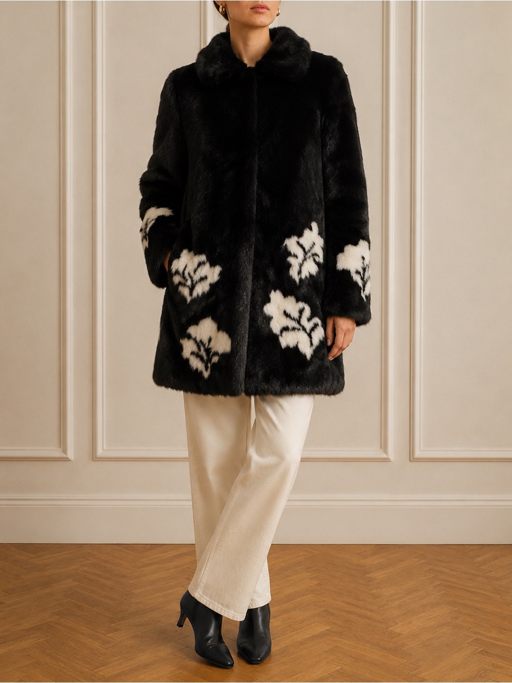 SHRIMPS | Black Faux Fur Coat with White Floral Details | S